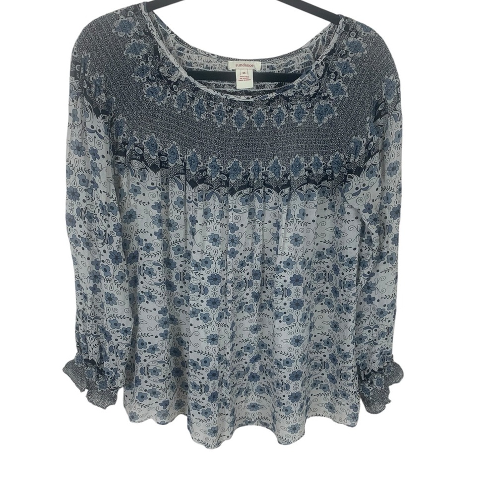 Sundance Blue Floral Silk Long Sleeve Semi-Sheer Smocked Top Size M Boho